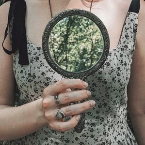 Antique Silver toned embellished vanity mirror with floral engraving